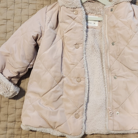 Zara kids diamond quilted coat with faux fur (blush) - Picture 2 of 4